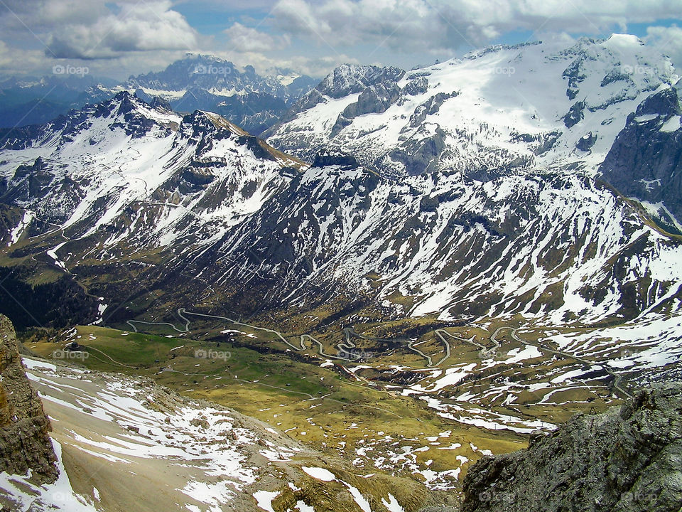 View from Sas Pordoi (3000+ meter) over the Marmolada Glacier in the Dolomites, Italy