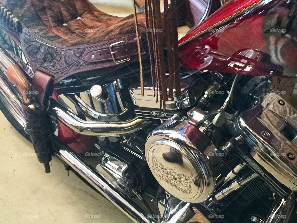 Chopper bike with lots of chrome and leather trim