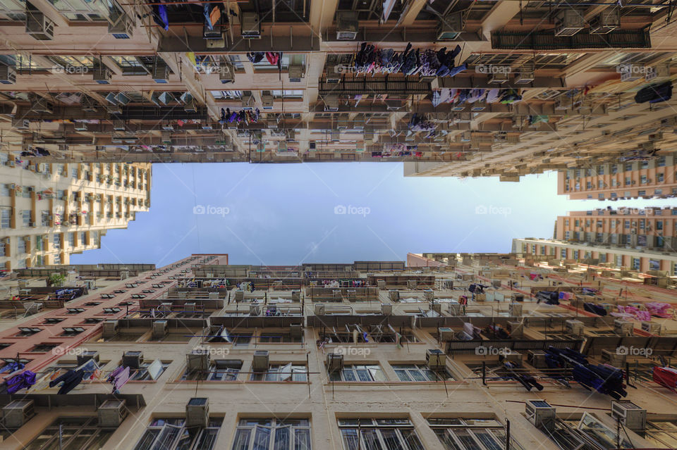 Looking up. Hong Kong tenements and high rises 