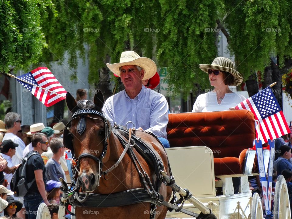 Horse-Drawn Carriage. Nostalgic Horse-Drawn Carriage In Fourth Of July Mainstreet Parade
