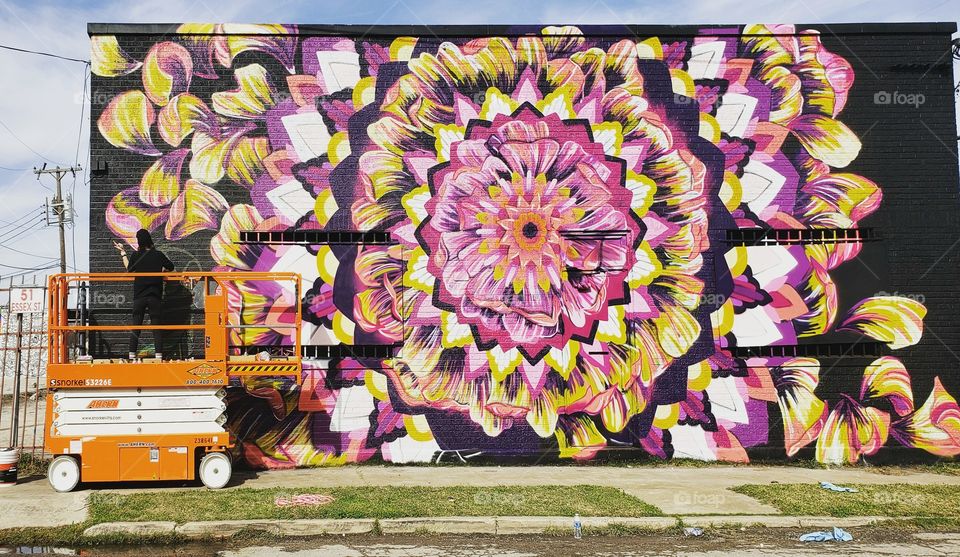 Graffiti artist working on an amazing piece of artwork. A mesmerizing work of shape and color.