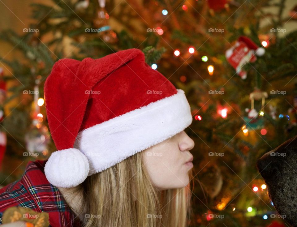 You can’t have my Gingerbread Man; Woman in Santa hat, sitting in front of a lit tree, pulling away a Christmas cookie from a curious dog nose. 