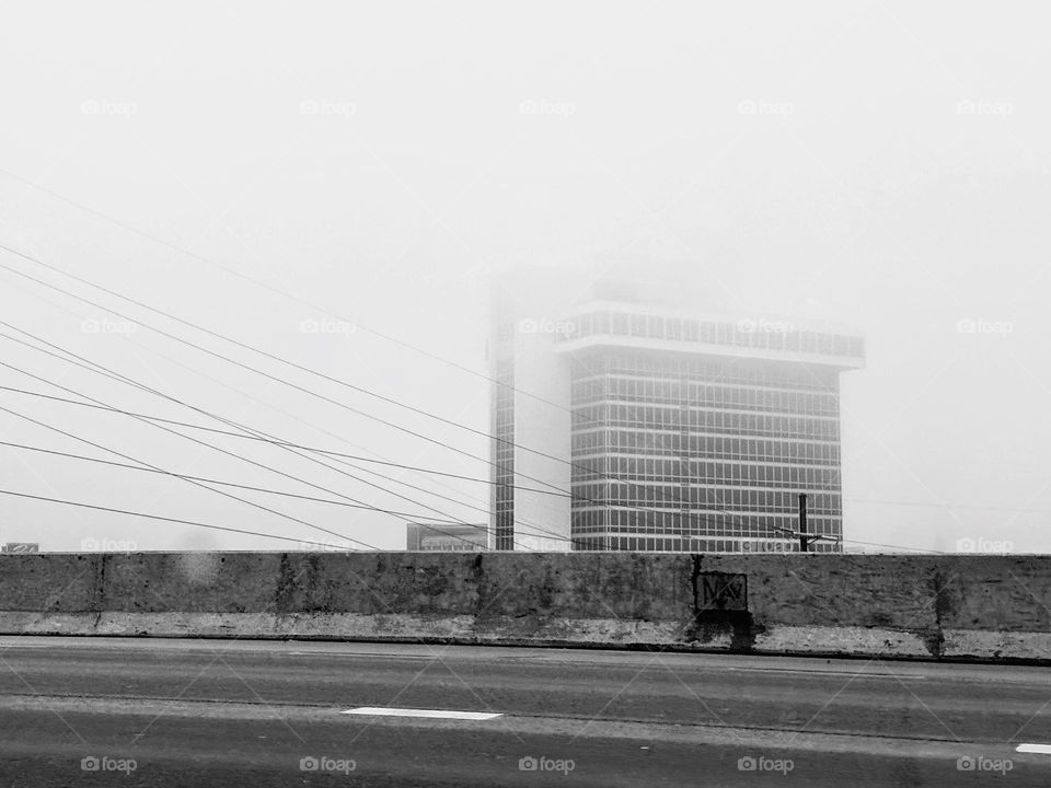 Office building seen in fog in Connecticut 