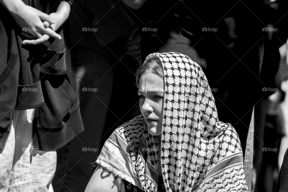 Woman With Keffiyeh Shawl In Black And White At The Student Demonstration Free Palestinian At The UVA University Amsterdam The Netherlands 13-5-2024