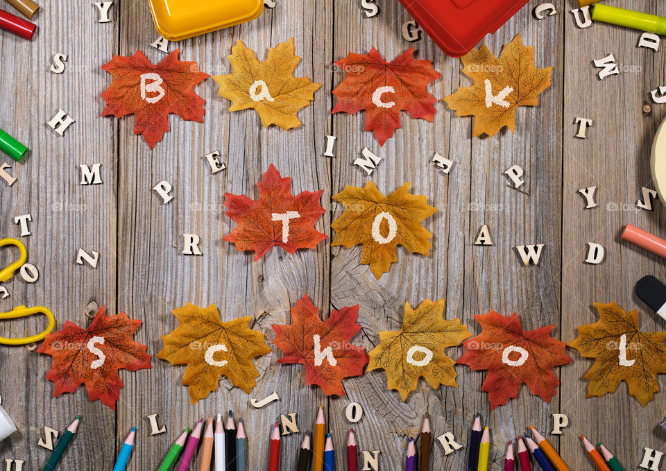 Back to school background. Pencils, autumn leaves, letters.