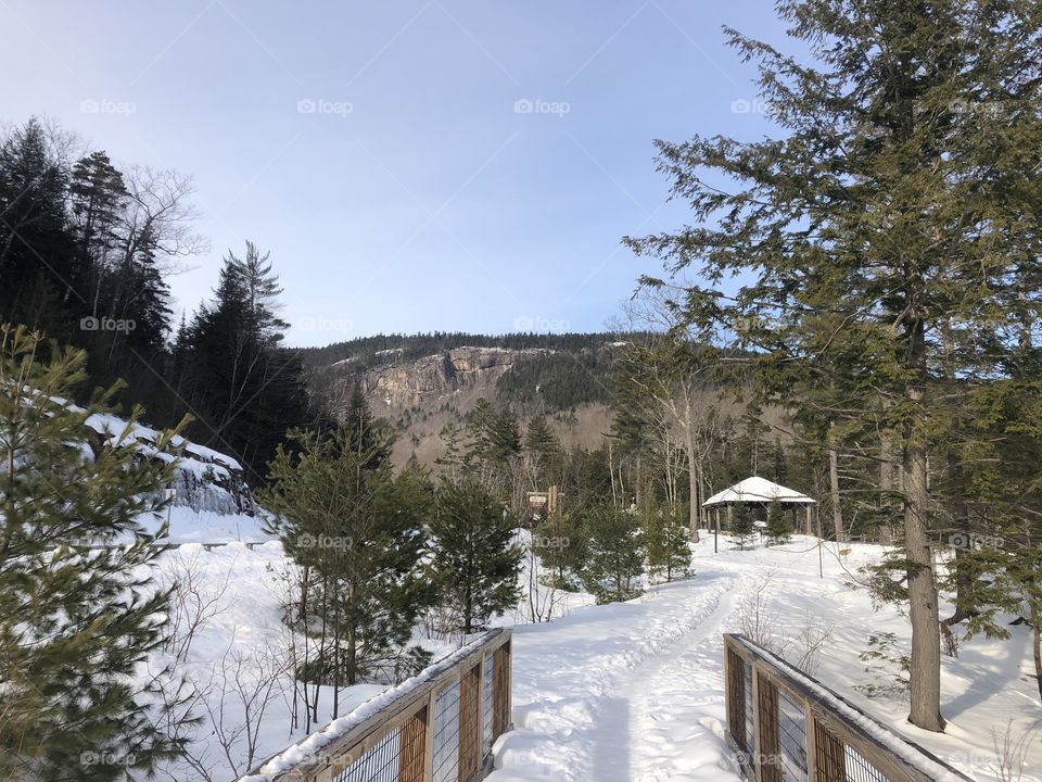 A stop in the snow covered mountains of New Hampshire, this photo was taken on the Kancamagus Highway in the White Mountains.