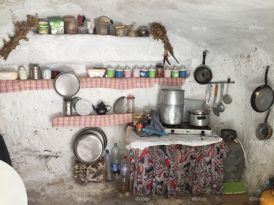 La cuisine de la maison Troglodyte, désert de Matmata En Tunisie