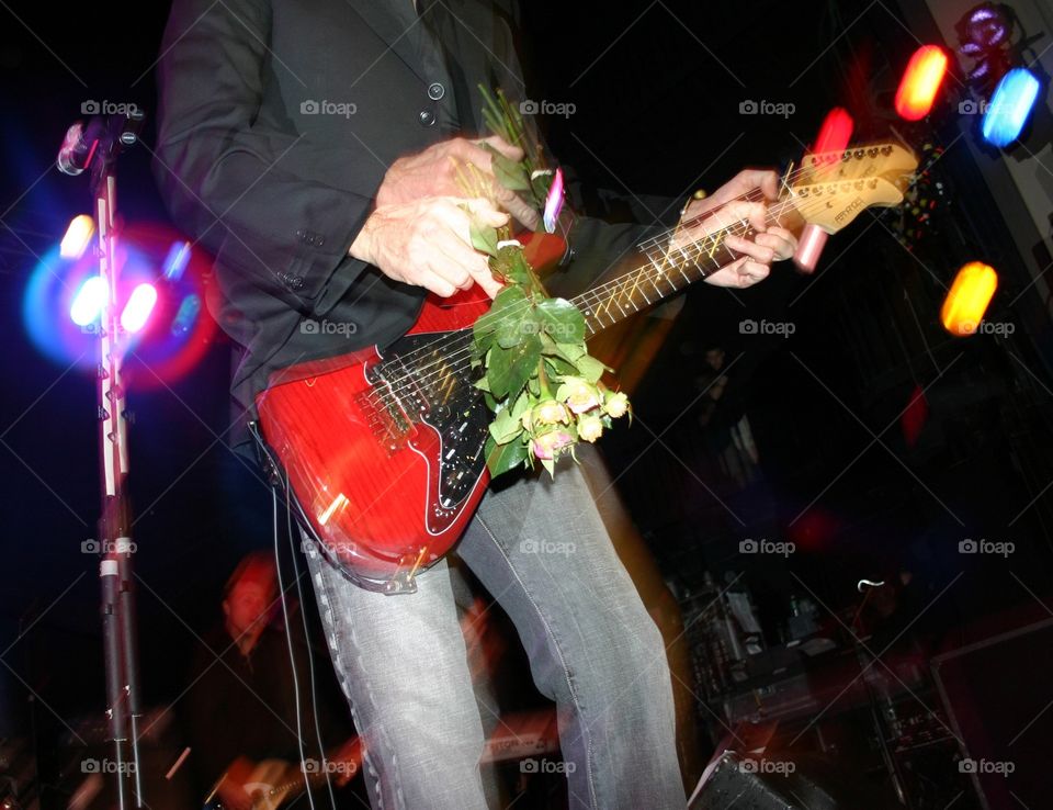 In action . A new way to strum a guitar - with a bunch of roses!  Musical instruments mission 