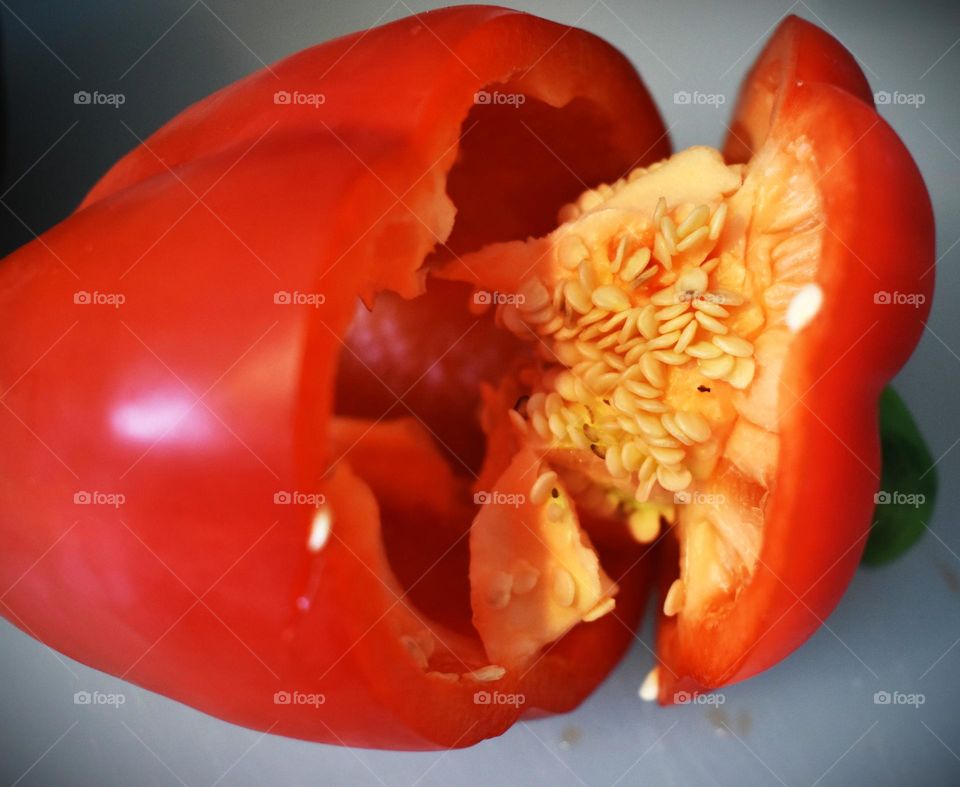 Seeds inside the red bell pepper
