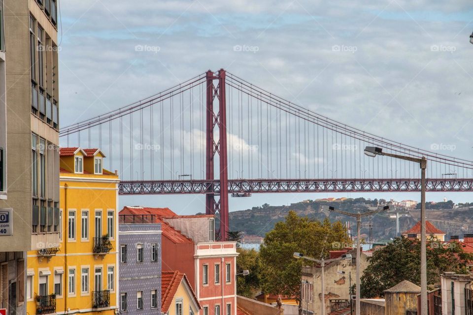 Lisbon skyline and ponte de 25 Abril bridge 