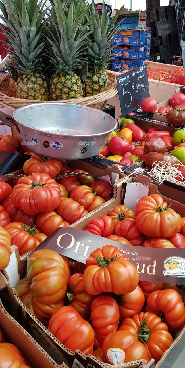 Colorful tomatoes from the market in Nice, France.