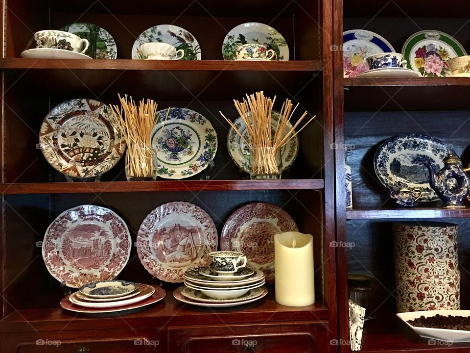 Porcelain dish on the shelf at Craft cafe, Bangkok Thailand