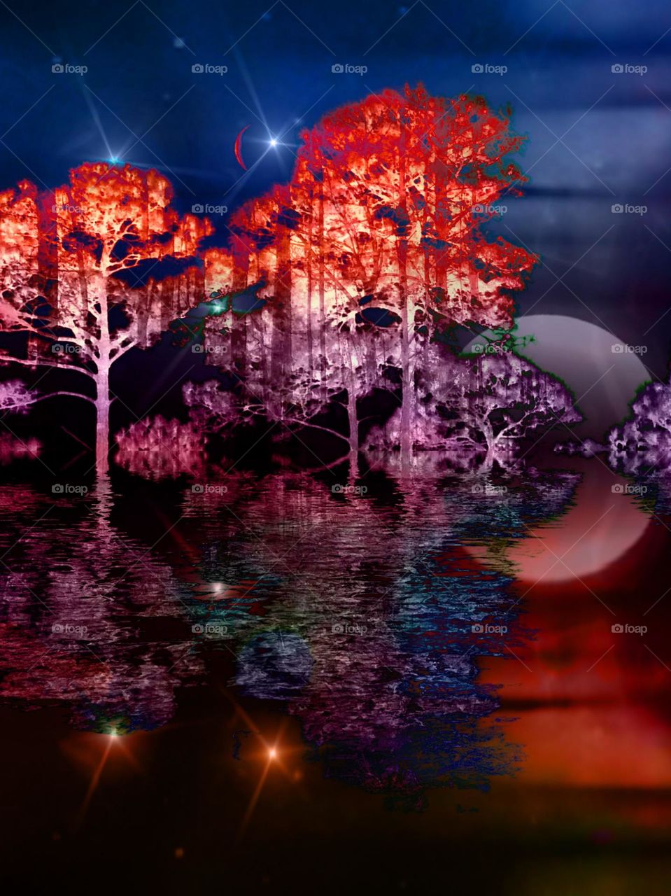 Enchanted forest in vivid colors with a reflection.