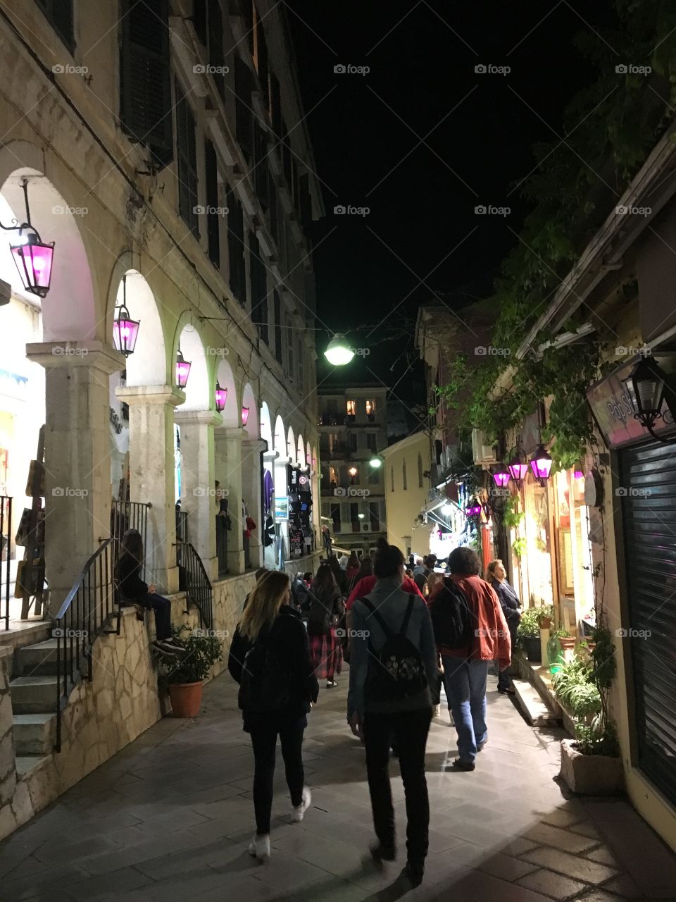Good Friday purple lanterns, night street scene in Corfu Town