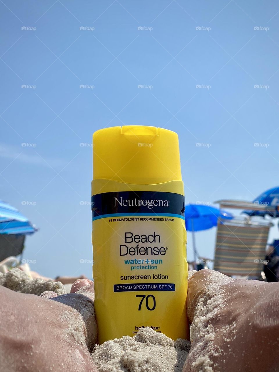 Neutrogena beach defense water plus sun protection on a sunny day at Long Beach New York.