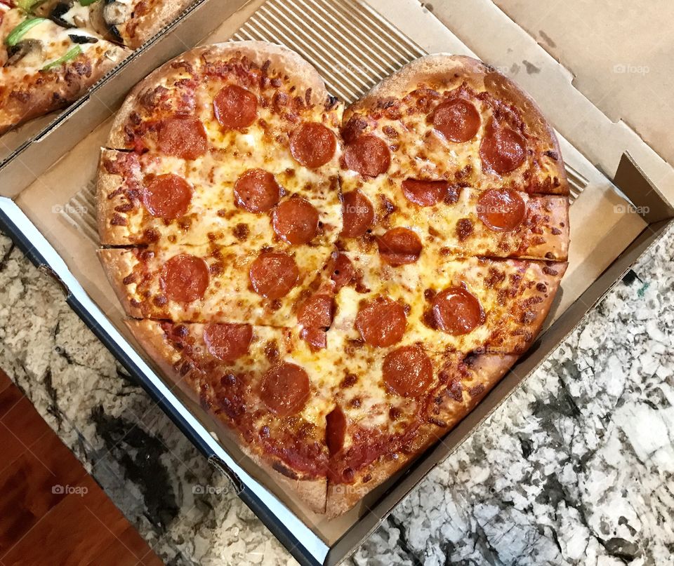 Heart shaped pizza for Valentine’s Day! When you’ve been together for 28 years, no fancy dinner needed; this is perfect! Pizza Guys! 