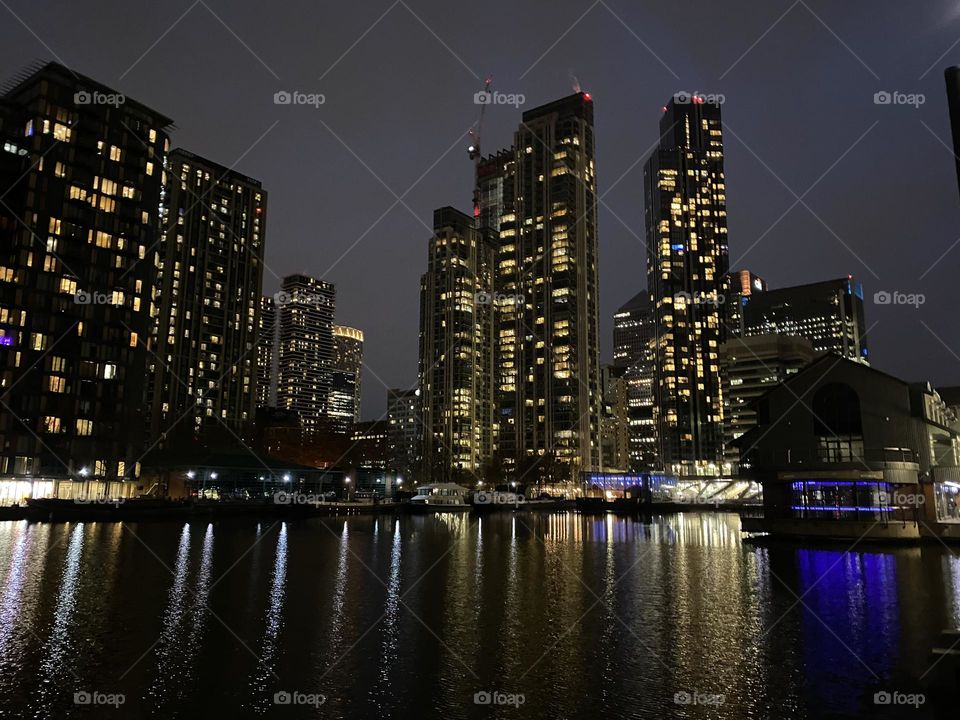 Skyscrapers at night in London 