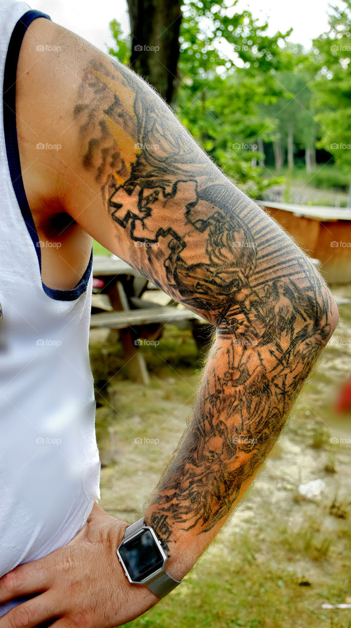 Full sleeve of arm art, lake view.

