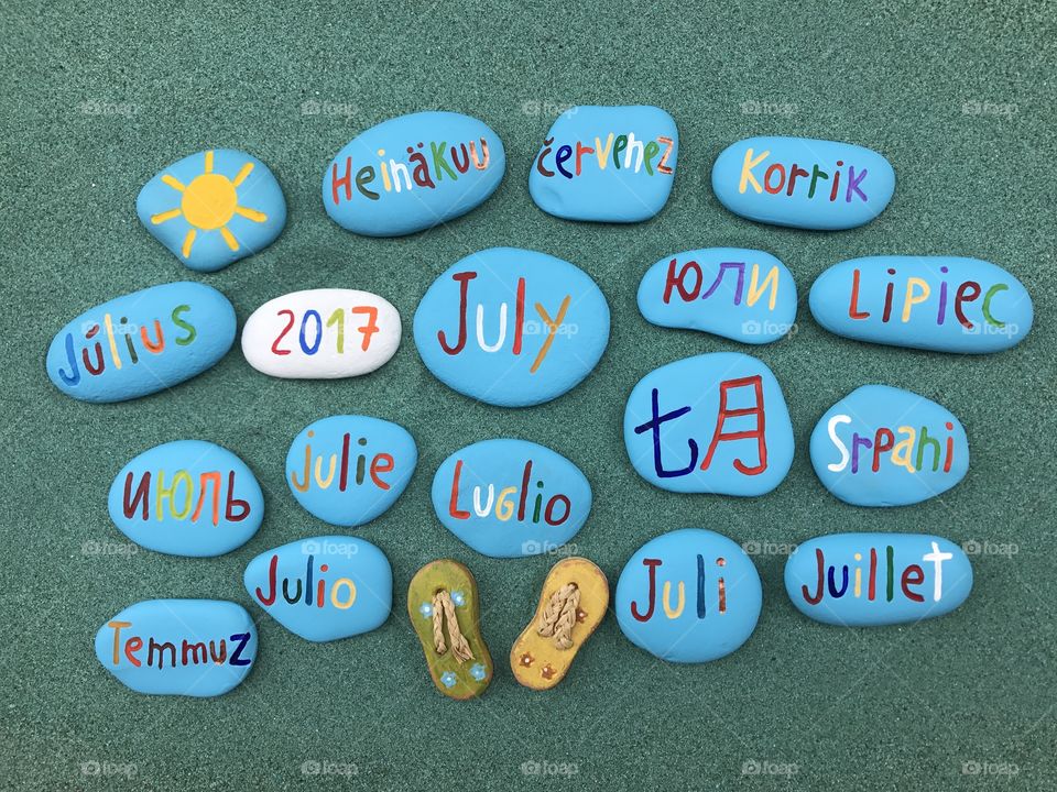 July 2017, month name in many languages with painted stones