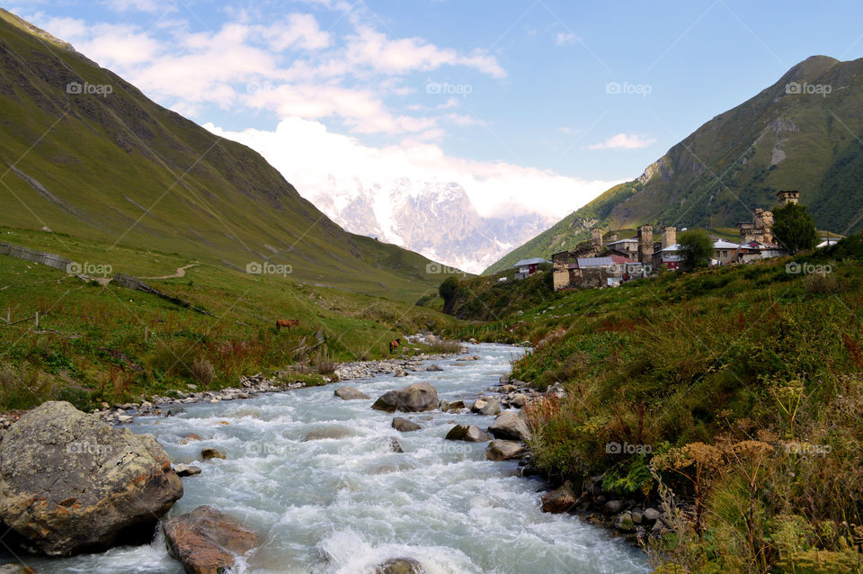 Mountain river valley landscape. Ushguli, Svaneti, Georgia