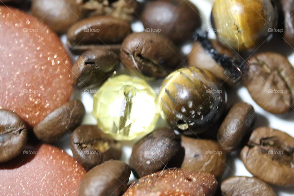 Semi-precious stones and coffee beans