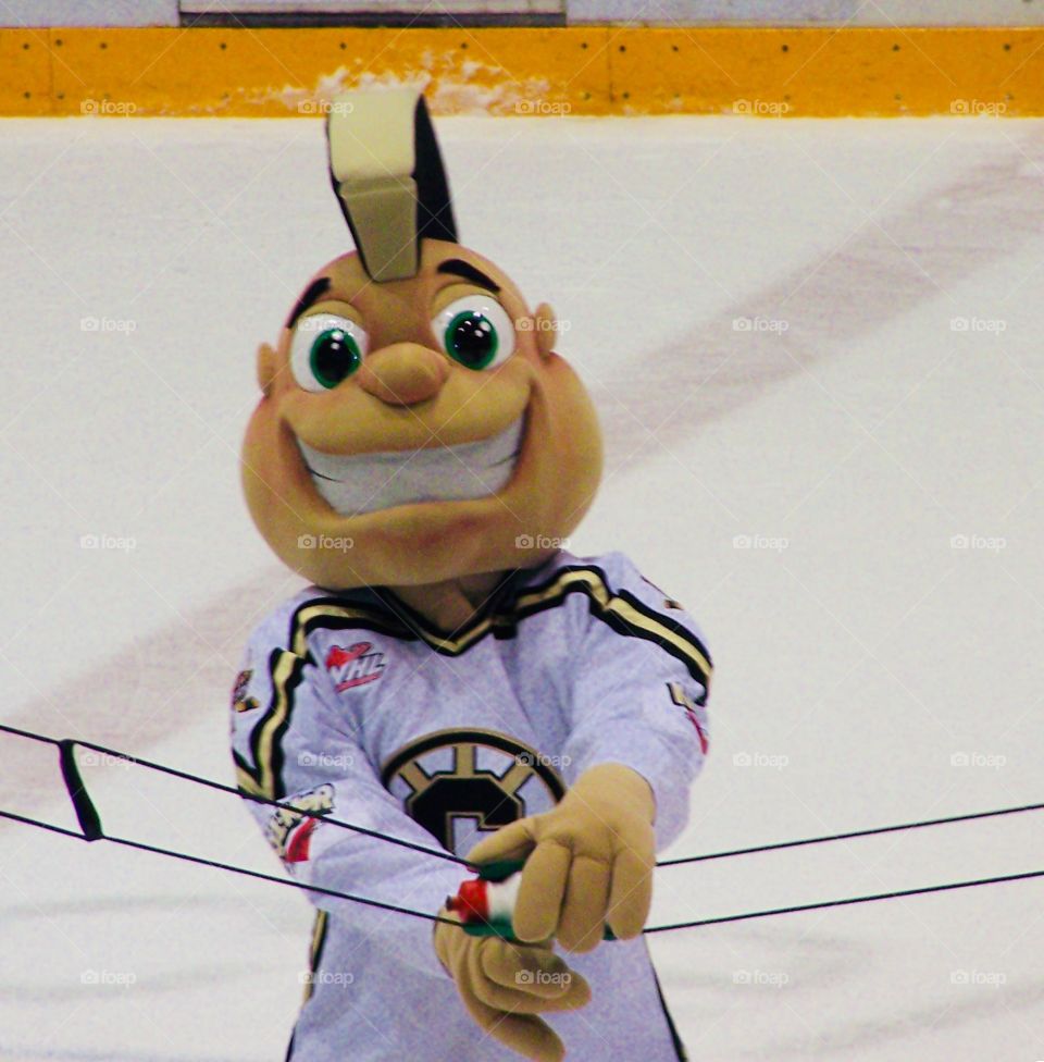 Hockey mascot tossing water bottle 