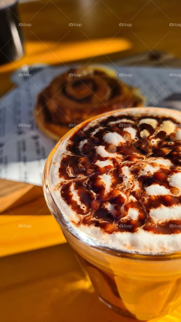 coffee and cinnamon roll