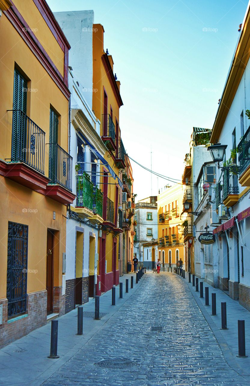 Colourful street. Colourful houses in Triana, Sevilla, Spain.
