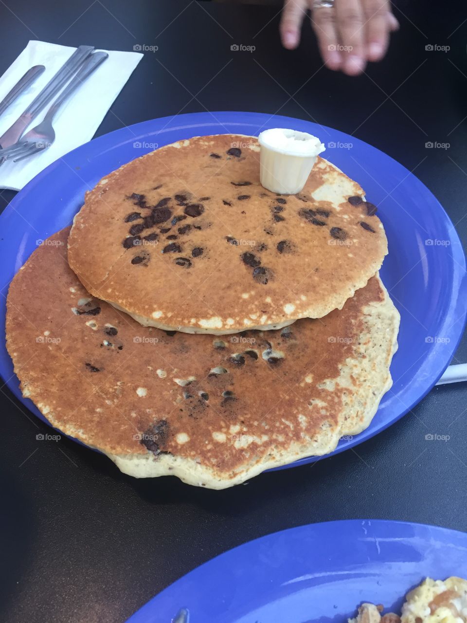 Breakfast food. Humongous gluten free chocolate chip pancakes that are delicious