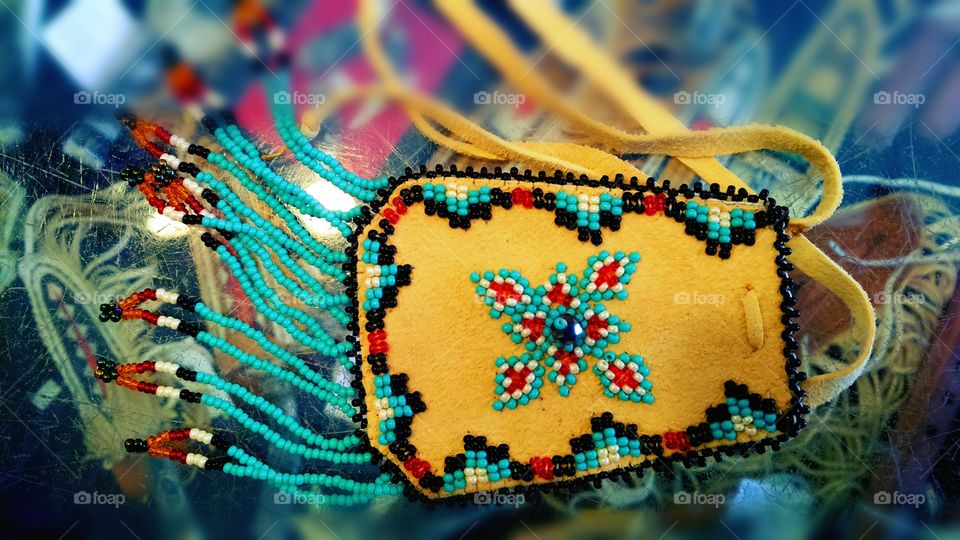 Native American hand made beaded medicine bag, Taos Pueblo artist, USA