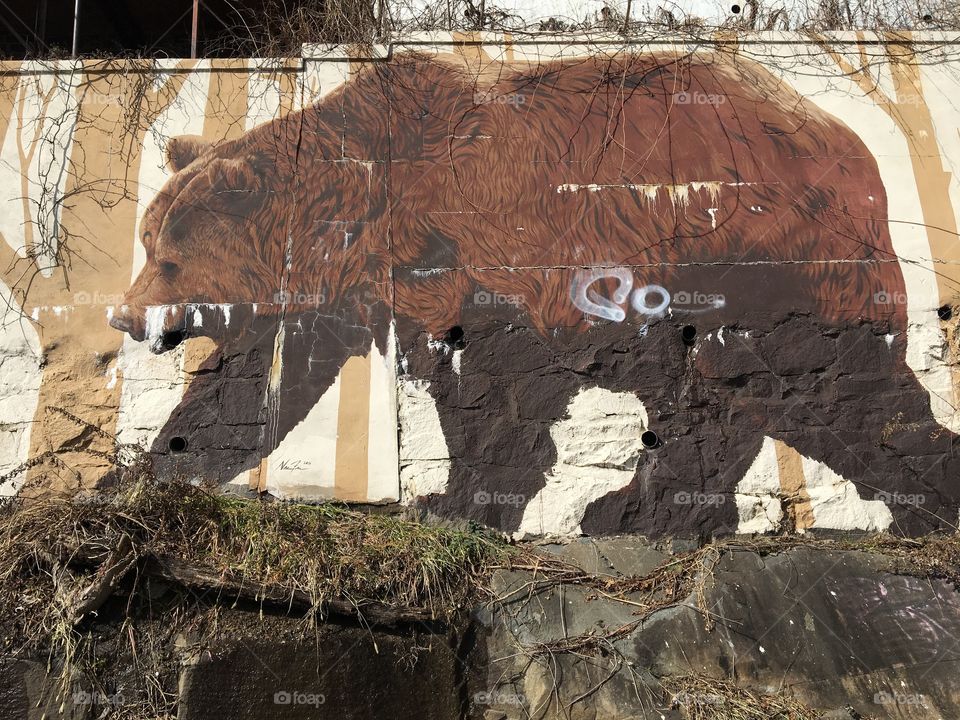 Brown bear painting with trees on wall