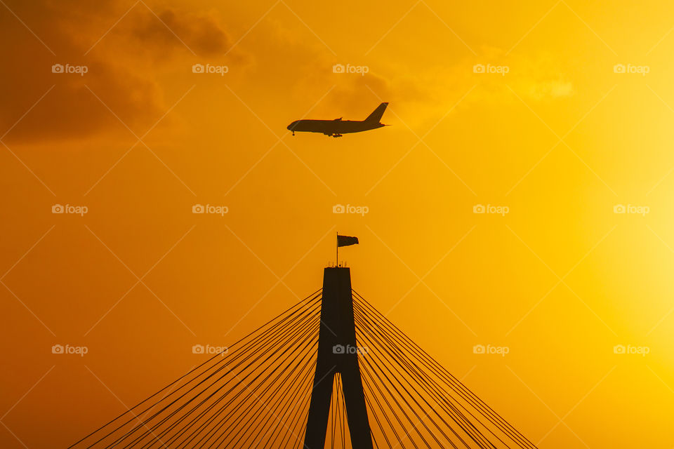 Airplane Landing in Sydney Airport over Anzac Bridge