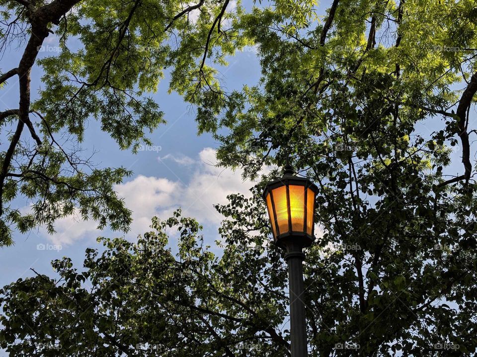 Lamp Post still lit as the sun rises for a nice summer day