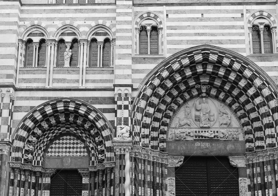 Genoa Cathedral or Metropolitan Cathedral of Saint Lawrence. Romanesque style and the main facade is Gothic