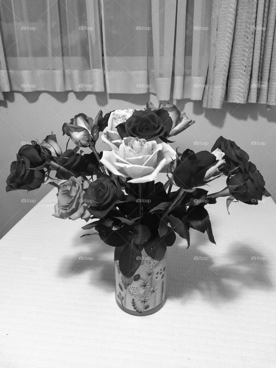 vase with flowers Rose shadow curtains be black and white stilllife
