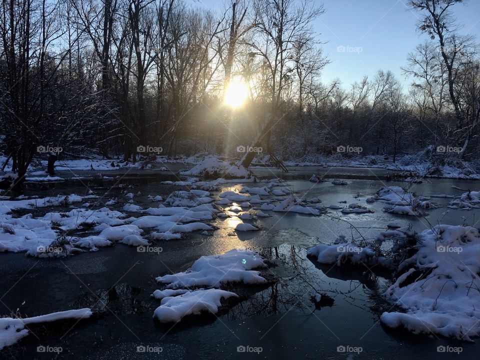 Early morning sunshine rising over a winter wonderland in the swamp