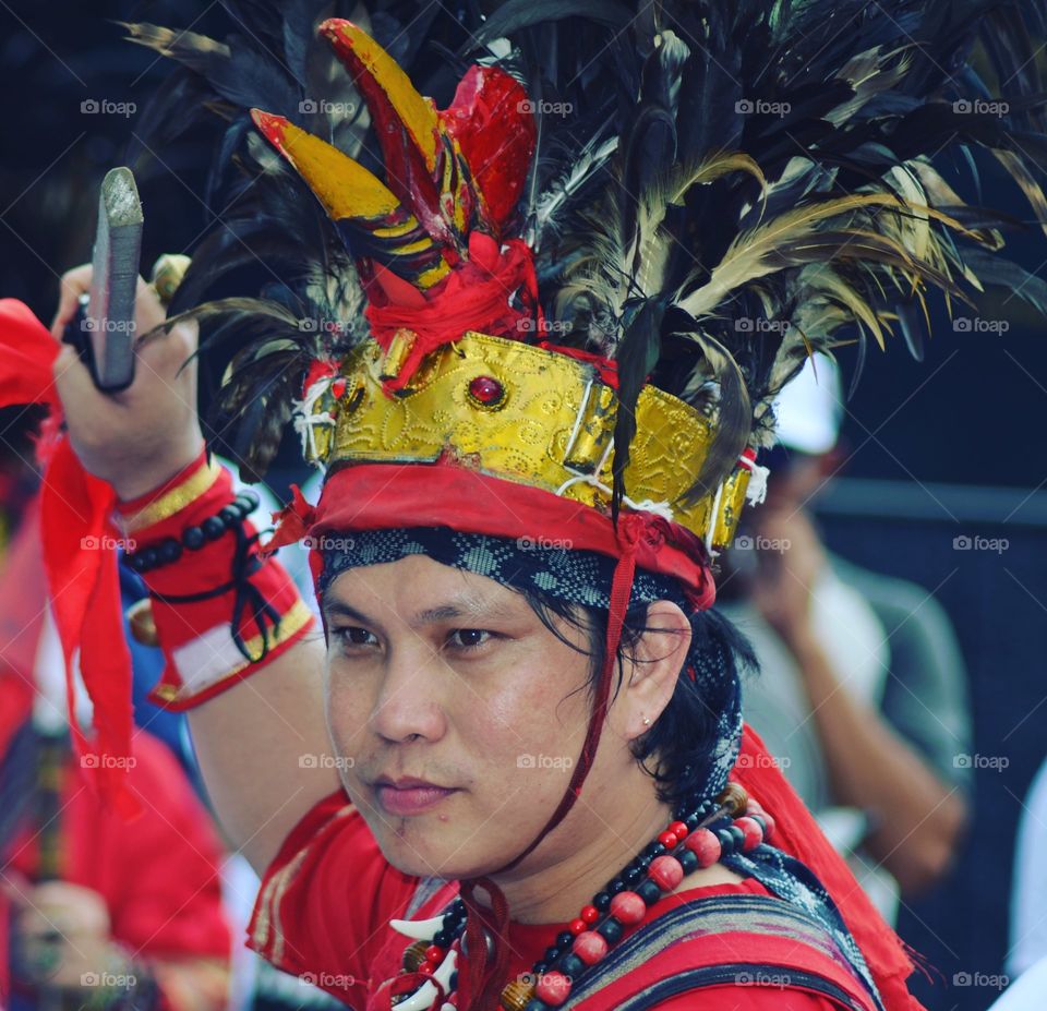 Traditional attire of the Dayak kalimatan, Indonesia.