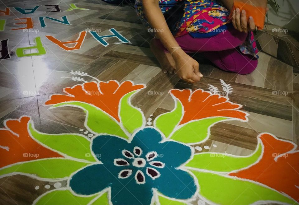 Rangoli design made at home our own hands for festivals.