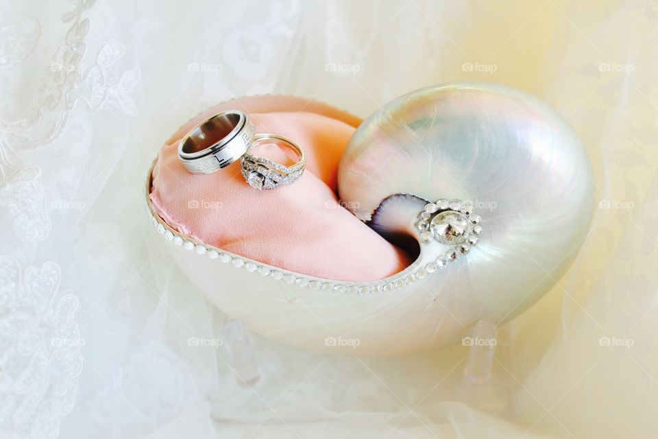 These are our gorgeous wedding rings on a shell ring holder 