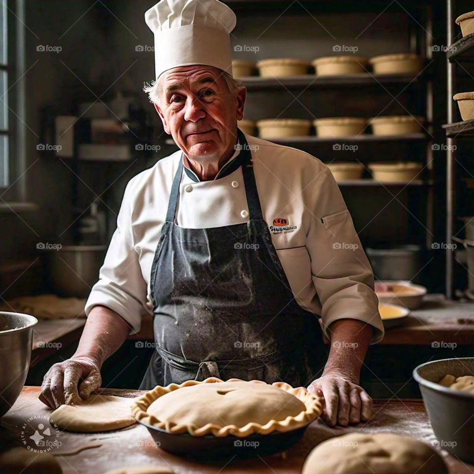 Pie maker in kitchen full of pies, baker makes pies for restaurant, working in a bakery, making delicious pies 