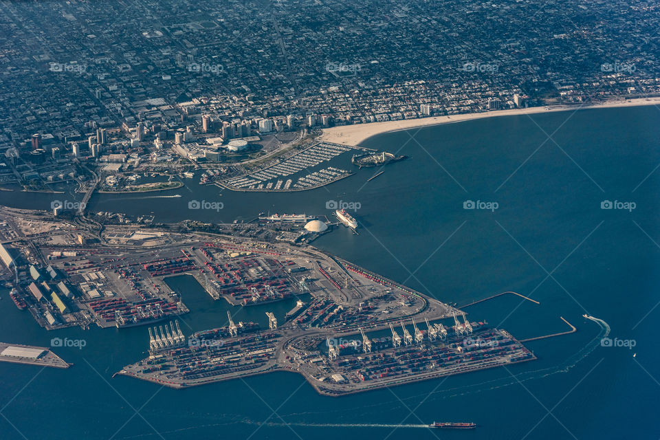 Aerial photo of Long Beach, Queen Mary and the Terminal