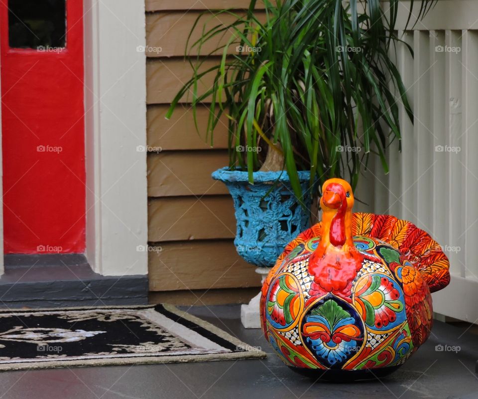 Turkey on an island. Turkey pottery on a porch during Thanksgiving.