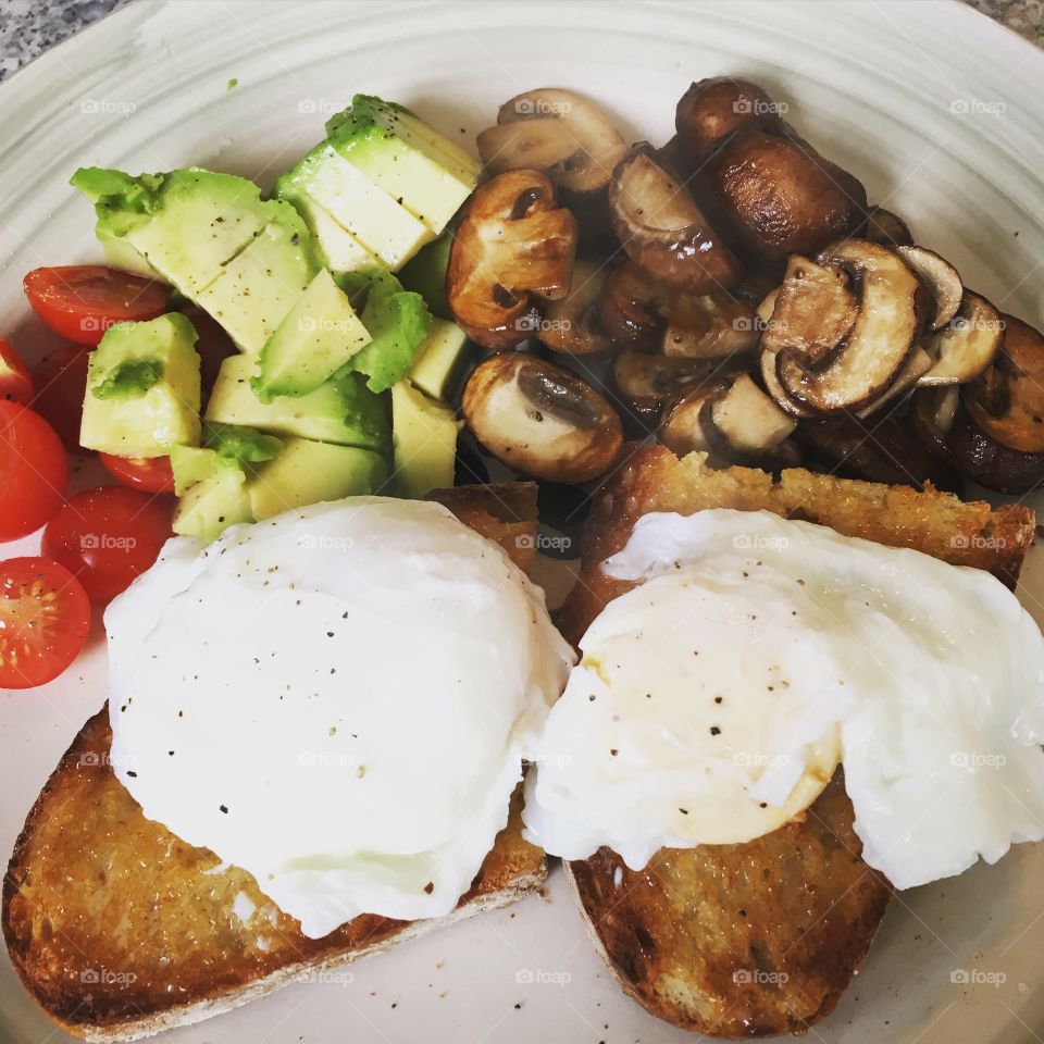Brunch - sourdough, avocado, poached eggs, mushrooms, tomato 