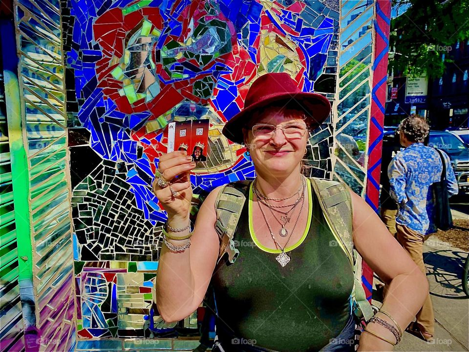 After waiting 6 hours in line I am finally holding up the commemorative metro cards imprinted w the likeness of „notoriously acclaimed“ rap star „Christopher Wallace“ a.k.a. the „Notorious B.I.G.“ in „Clinton Hill“, Bklyn. 2022. Hypnotic Productions