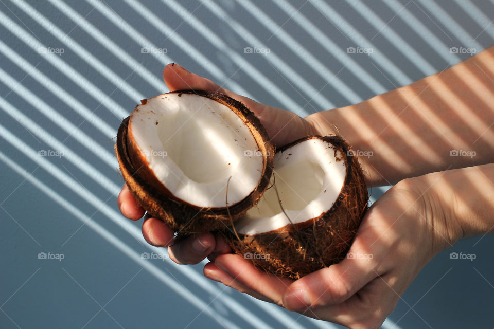 Coconut, fruit, food, hands, still life, abstraction, coconut in hands, cut coconut in hands, whole coconut, broken coconut