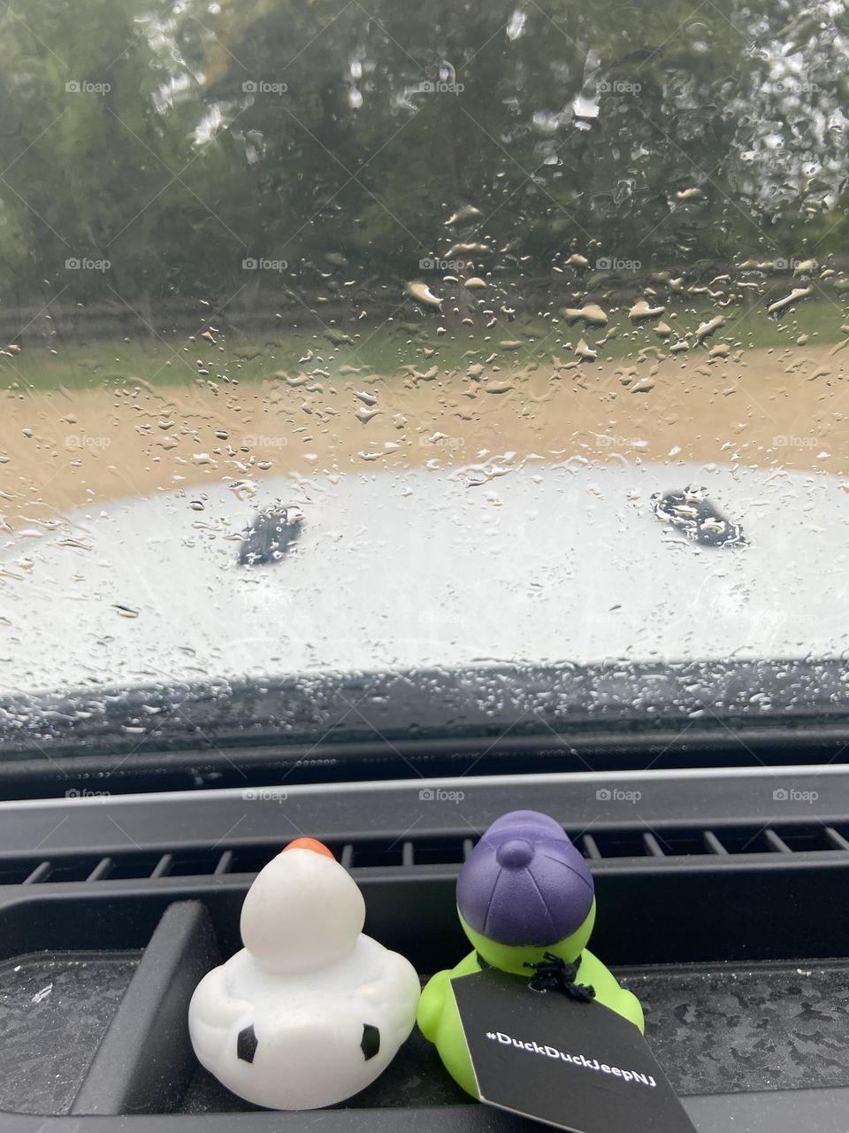 Two rubber ducks sit in “the duck pond” (the flat area of the dash) and “view” the rain. Both were gifted to me anonymously by strangers who left them on my Jeep as a way to say “I like your Jeep.” Both times, this small gesture made my day!!! 