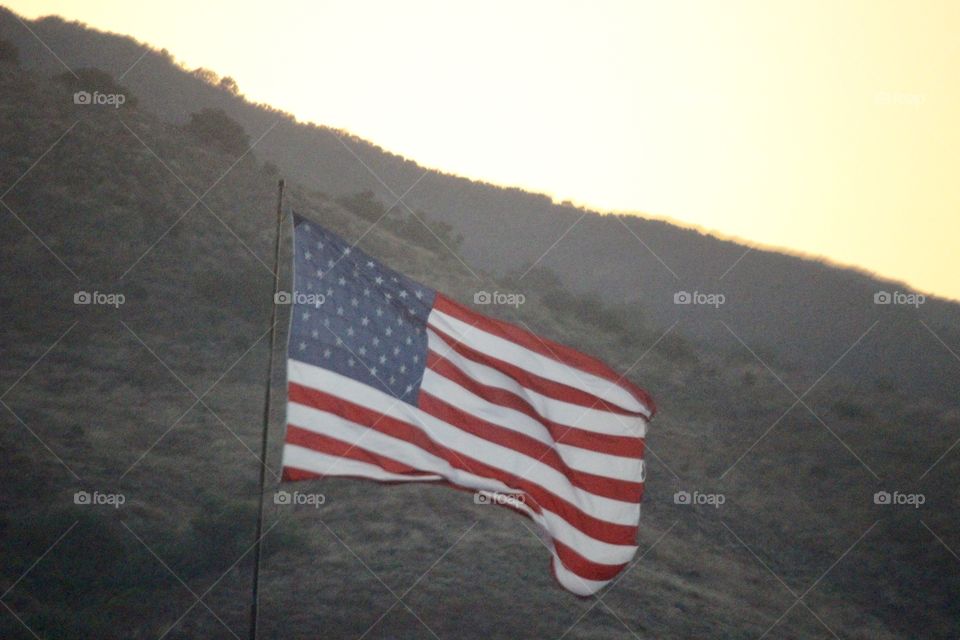 US Flag on the mountainside in California 