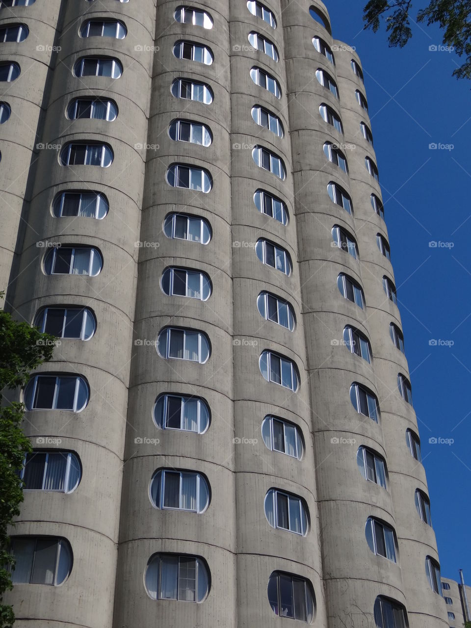 Windows. Unique futuristic windows in honeycomb shaped cement building