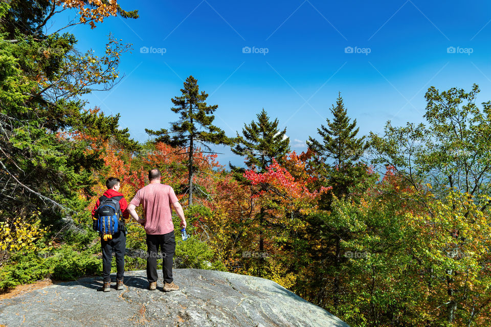 A father & son enjoying the view of nature with the trees surrounding them at Mount Monadnock in New Hampshire. 