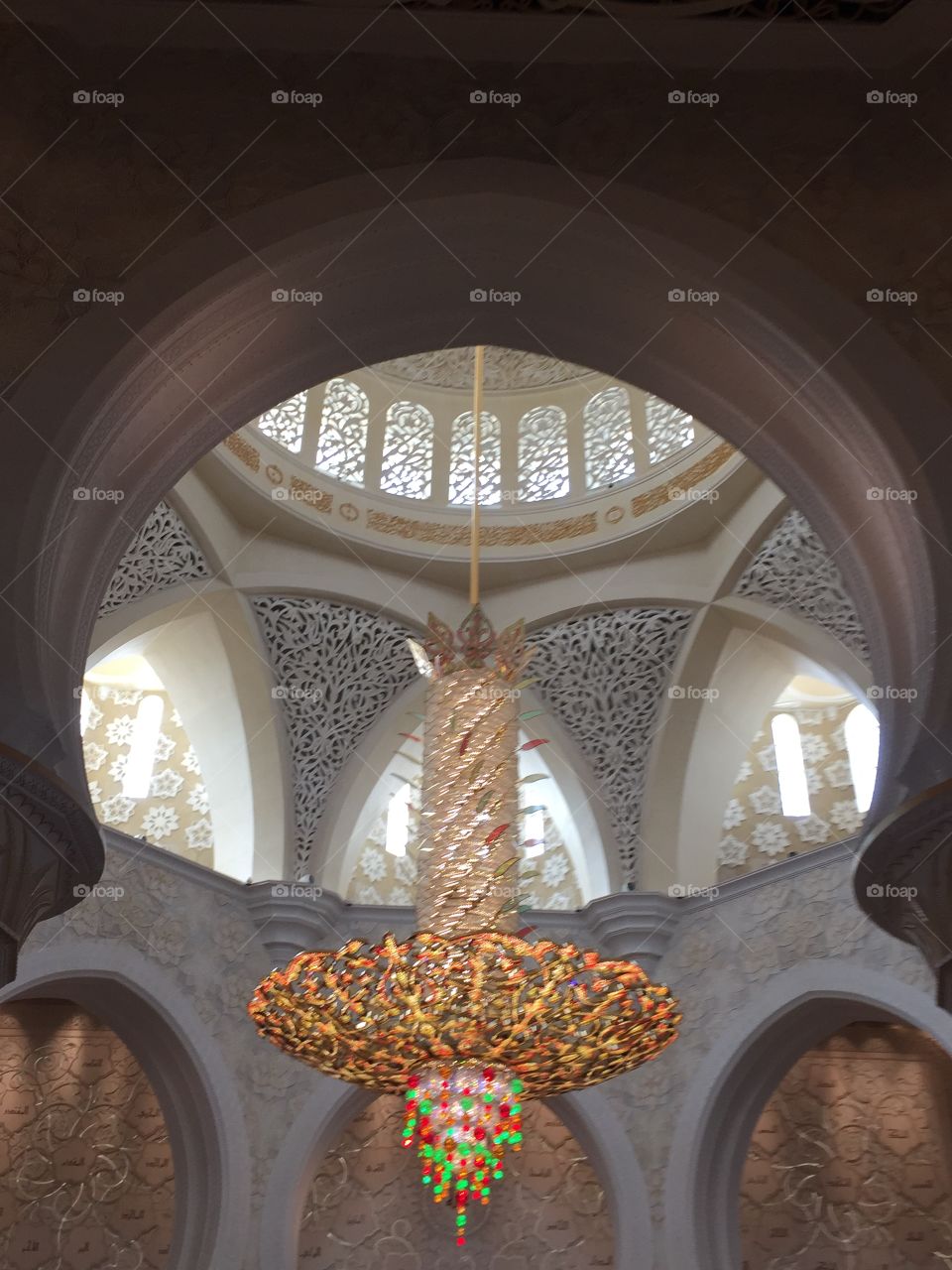 Chandelier mosque ornate colourful beautiful intricate roof dome Abu Dhabi Middle East 